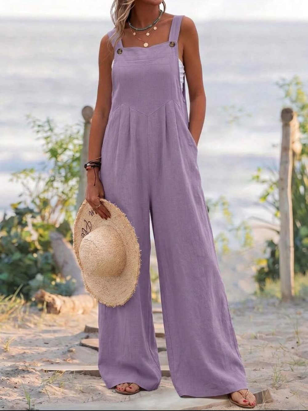 Classic Button Strap Wide Leg Jumpsuit